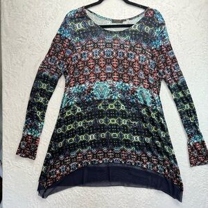 FYLO Multicolor Long Sleeve Asymmetric Tunic Mesh Lace Hem Boho Lightweight